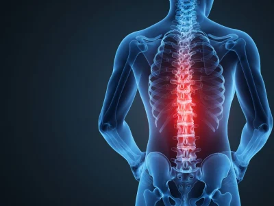 Représentation 3D d'un corps humain vu de dos avec la douleur du dos en bas en rouge