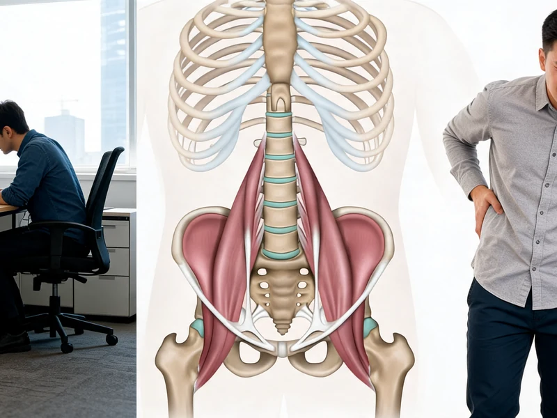 Un homme souffrant d'une douleur psoas causée par une mauvaise posture prolongée au bureau