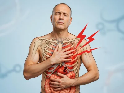 Illustration anatomique d'un homme souffrant d'une douleur au côté gauche sous les côtes