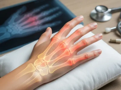 Main montrant des signes d'algodystrophie avec une visualisation des os et des articulations douloureuses