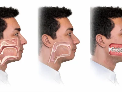 Vues en coupe de profils masculins montrant la rétrognathie avant et après traitement orthodontique