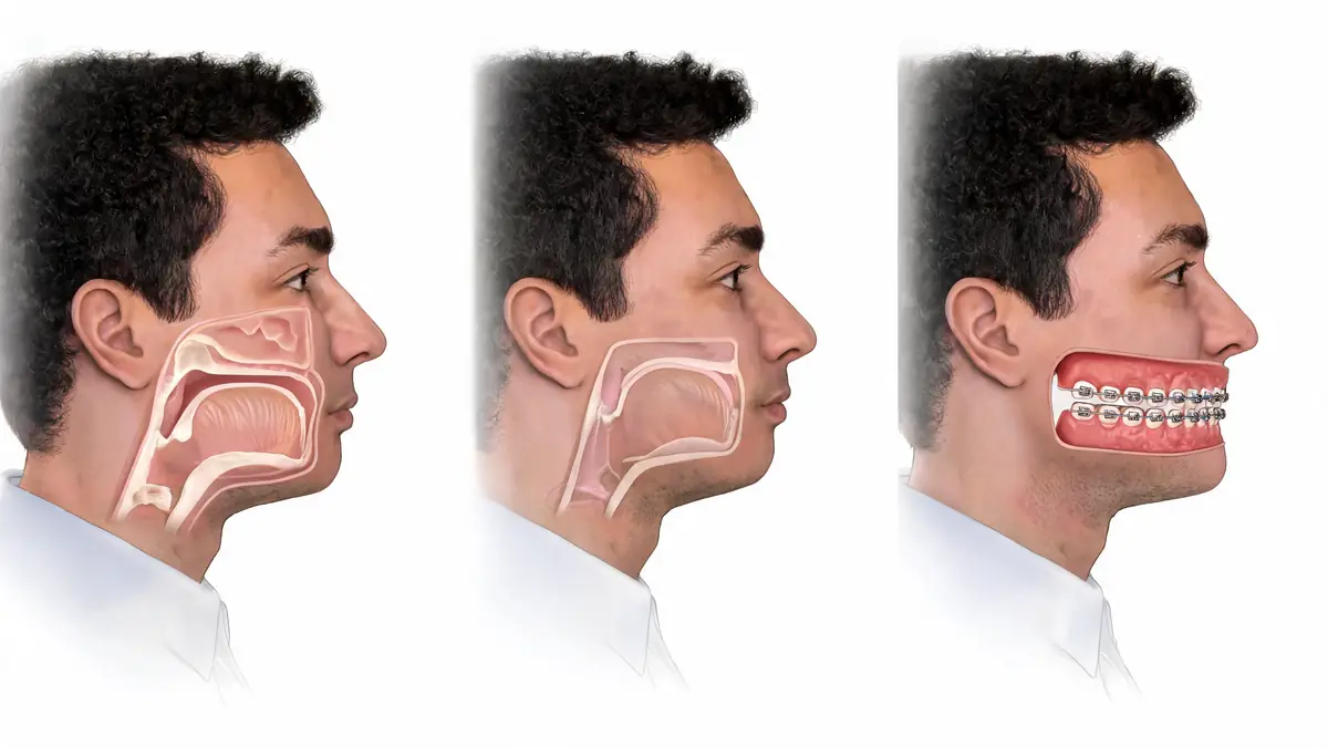 Vues en coupe de profils masculins montrant la rétrognathie avant et après traitement orthodontique