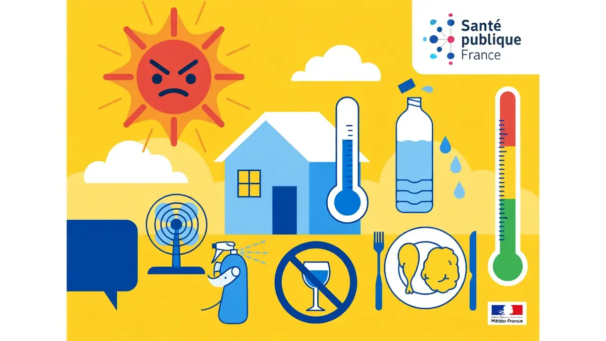 Des icônes montrent les bons réflexes à avoir en vigilance modérée canicule comme boire de l'eau et utiliser un ventilateur