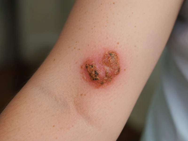 Un bras montrant une lésion croûteuse caractéristique du carcinome épidermoïde