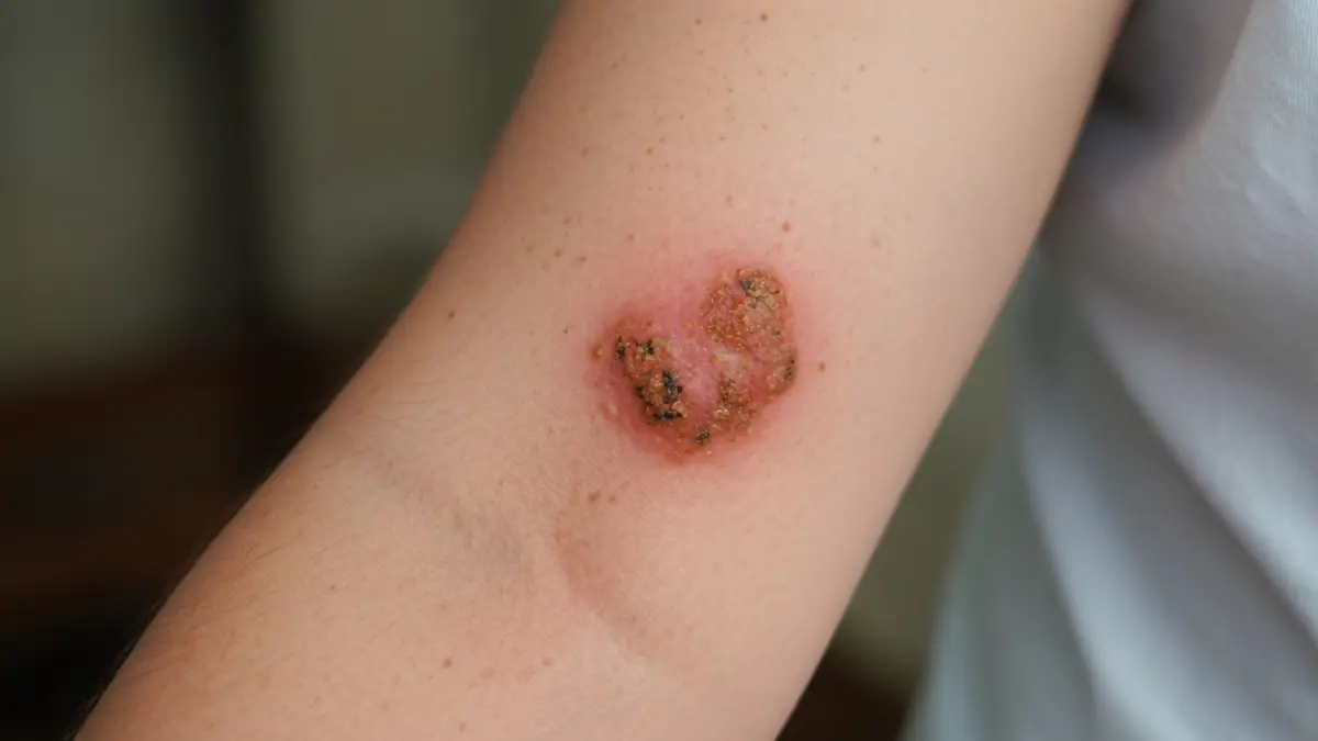 Un bras montrant une lésion croûteuse caractéristique du carcinome épidermoïde