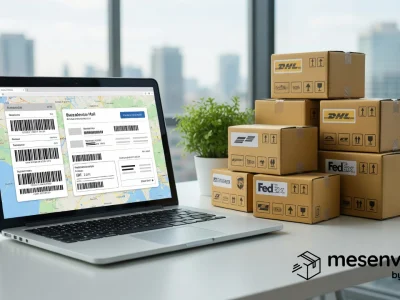 Un ordinateur portable affichant des étiquettes près de piles de colis pour mesenvoies