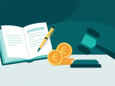 Un livre ouvert, un stylo, des pièces en euros et un marteau de juge illustrent les frais de notaire dans une succession