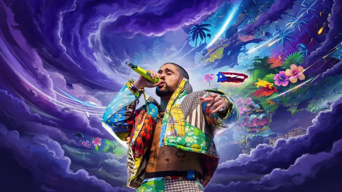 Bad Bunny chante sur scène pendant un concert Bad Bunny dans une ambiance tropicale.