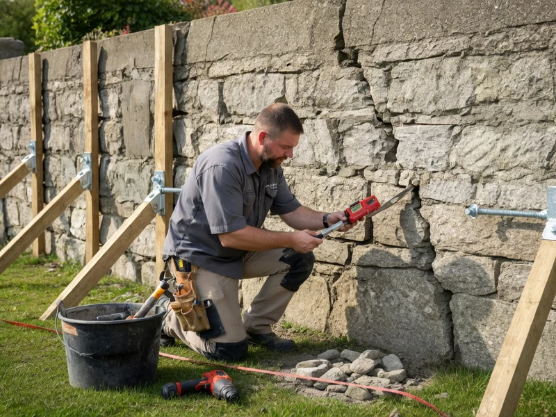 Un homme utilise une perceuse pour consolider un mur en pierre qui penche soutenu par des étais en bois