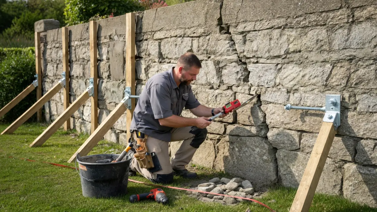 Un homme utilise une perceuse pour consolider un mur en pierre qui penche soutenu par des étais en bois