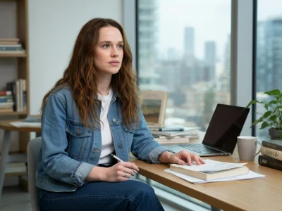 Constance Gay est assise à un bureau avec un ordinateur portable dans un espace lumineux