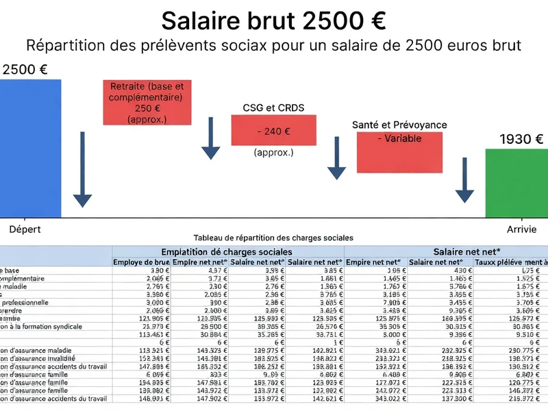 Représentation visuelle du passage de 2500 brut en net après cotisations sociales
