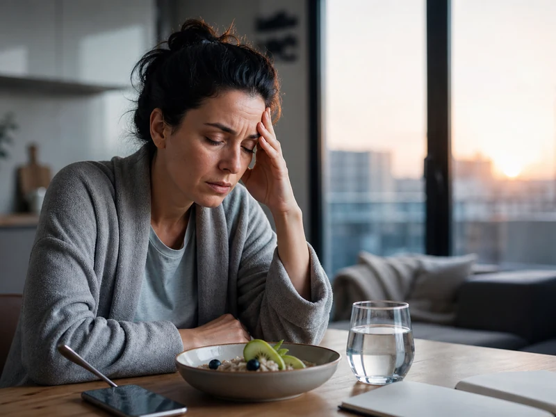 Une femme epuisee au petit matin illustre un cortisol élevé lié au stress chronique.