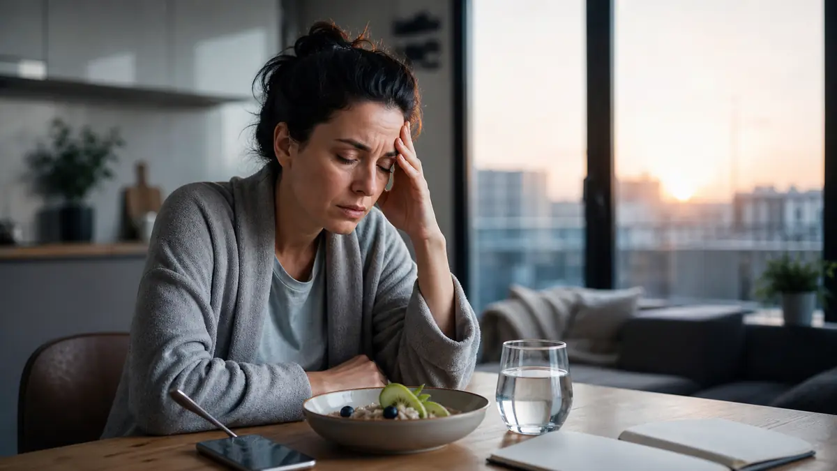 Une femme epuisee au petit matin illustre un cortisol élevé lié au stress chronique.