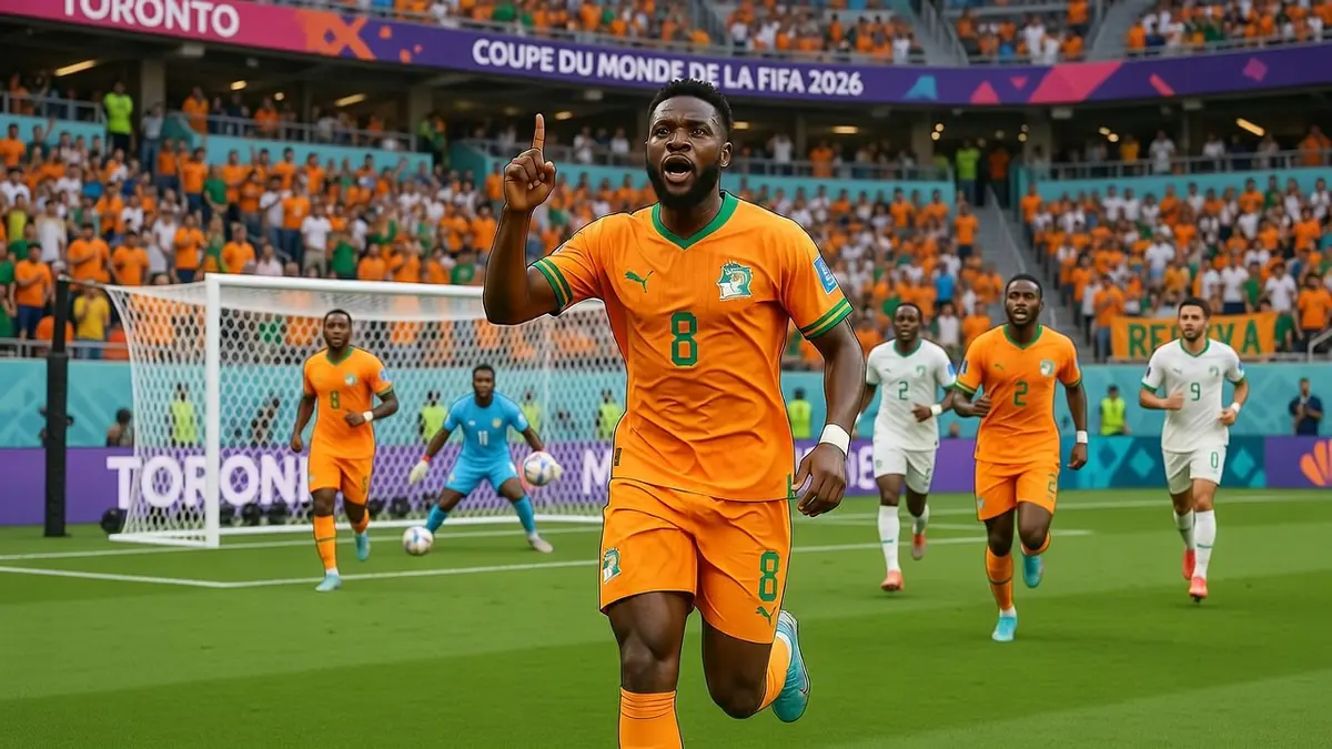 Kessié célèbre un but avec ses coéquipiers ivoiriens sur le terrain lors d'un match de Coupe du monde