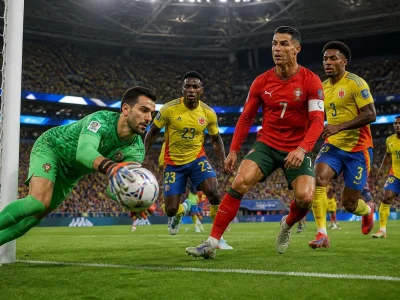 Le gardien portugais capte le ballon lors d'une action intense durant le match Portugal contre la Colombie