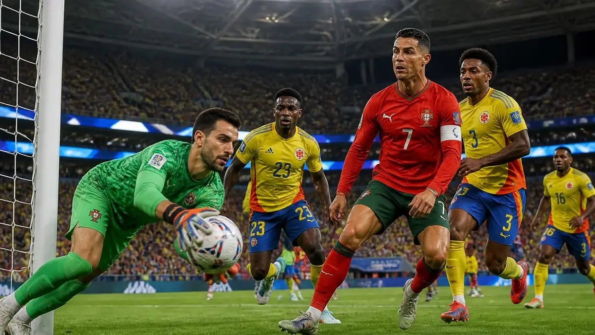 Le gardien portugais capte le ballon lors d'une action intense durant le match Portugal contre la Colombie