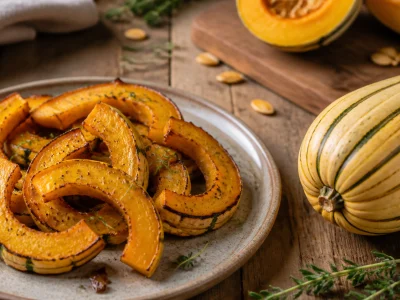 Des tranches de courge Delicata rôties sont dressées sur une table en bois avec un fruit entier.