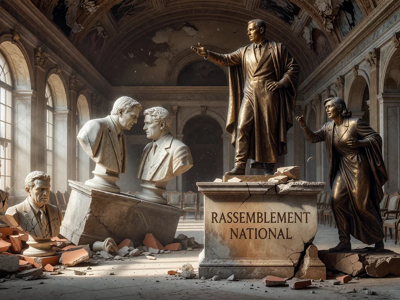 Une salle ornée remplie de statues endommagées illustre les sondages présidentielles 2027