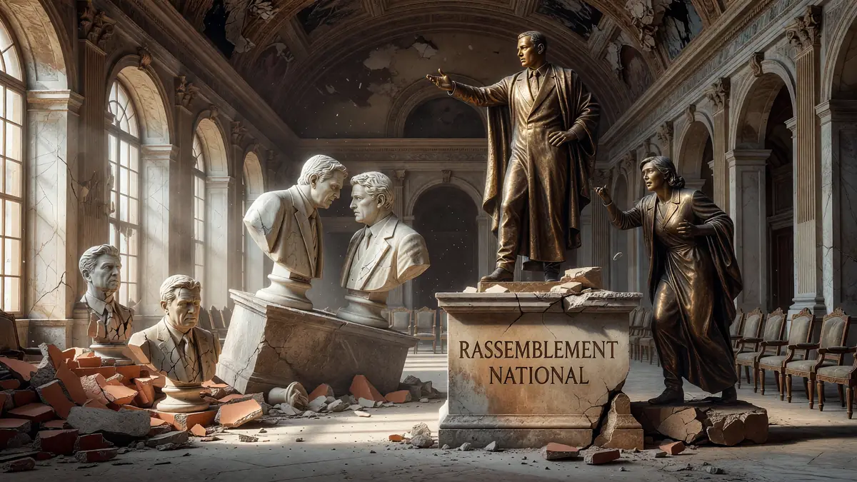 Une salle ornée remplie de statues endommagées illustre les sondages présidentielles 2027