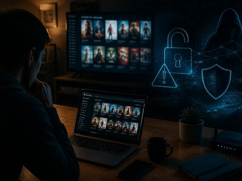 Utilisateur devant un ordinateur consultant un site de streaming risqué comme CpasMieux avec des menaces numériques visibles
