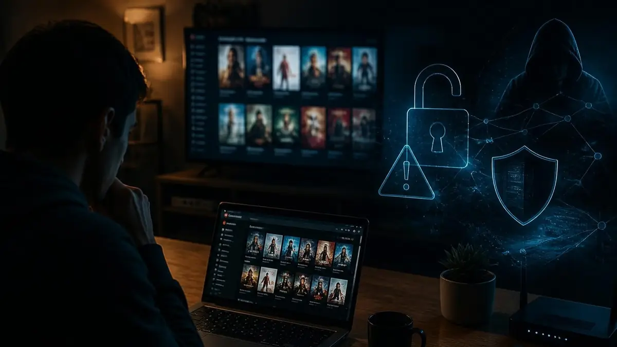 Utilisateur devant un ordinateur consultant un site de streaming risqué comme CpasMieux avec des menaces numériques visibles