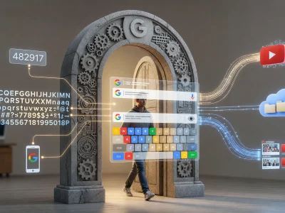L'image montre un homme passant sous une arche pour créer adresse Gmail dans un univers digital connecté