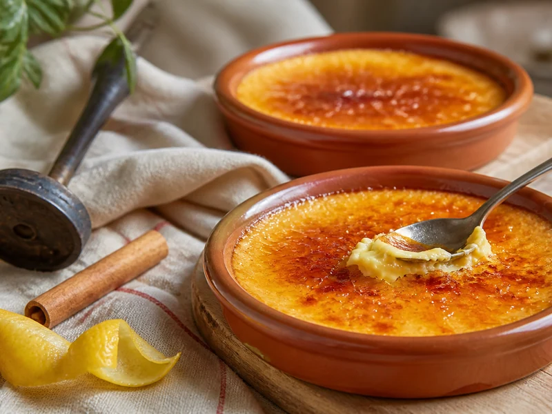 Une crème catalane dorée en ramequin, avec caramel craquant, cannelle et zeste de citron.
