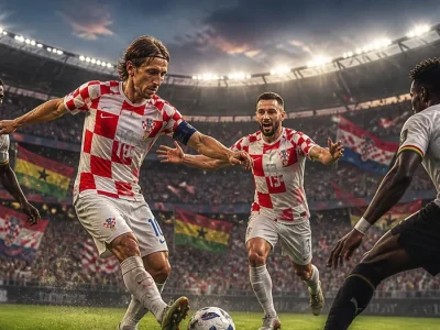 Intense action sur le terrain lors du match Croatie – Ghana disputé dans un stade bondé