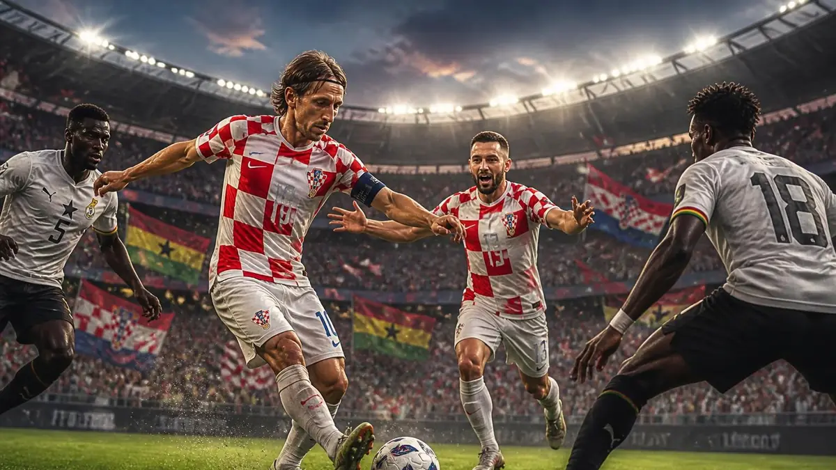 Intense action sur le terrain lors du match Croatie – Ghana disputé dans un stade bondé