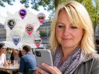 Une femme utilise son smartphone pour découvrir des lieux de rencontre avec l'application Croozr