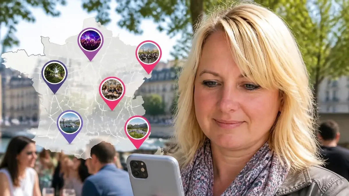 Une femme utilise son smartphone pour découvrir des lieux de rencontre avec l'application Croozr