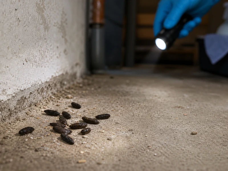 Une crotte de rat repérée au sol près d'un mur de cave lors d'une inspection.