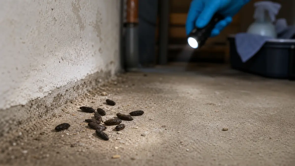 Une crotte de rat repérée au sol près d'un mur de cave lors d'une inspection.