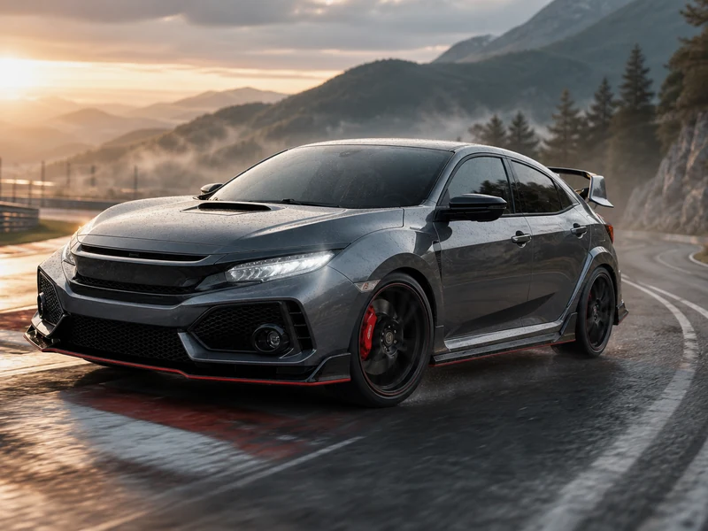 Une ctr Honda Civic noire relie la piste à une route de montagne au lever du jour.