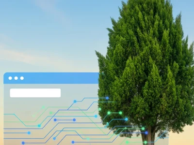 Un cyprès symbolisant l'outil de test automatisé Cypress devant une interface web numérique