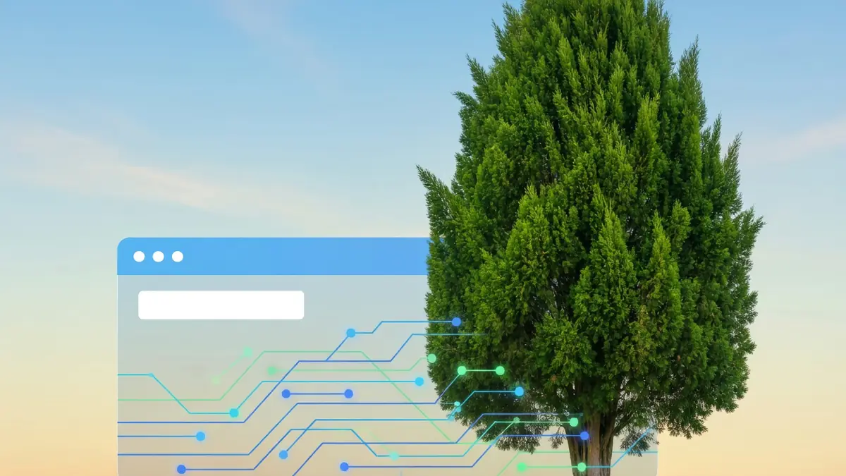 Un cyprès symbolisant l'outil de test automatisé Cypress devant une interface web numérique