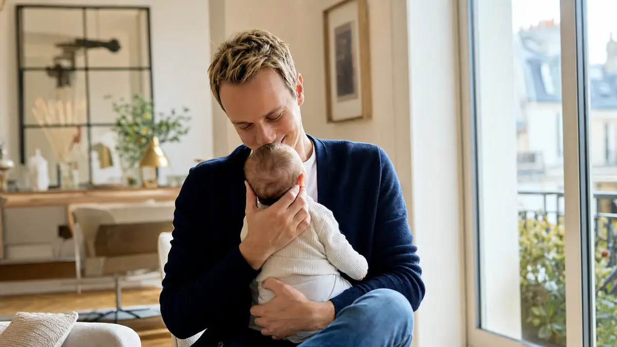 Cyril Féraud en couple serre son bébé contre lui dans un salon lumineux.
