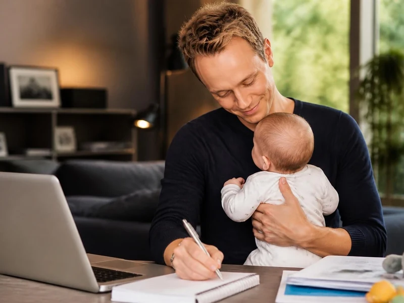 Cyril Féraud en couple et jeune papa travaillant à son bureau avec son bébé dans les bras