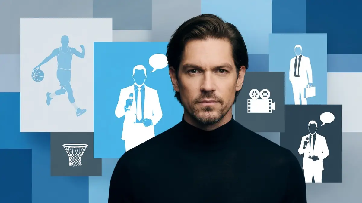 Portrait de l'acteur Steve Howey devant des icônes illustrant les films et séries TV avec Steve Howey