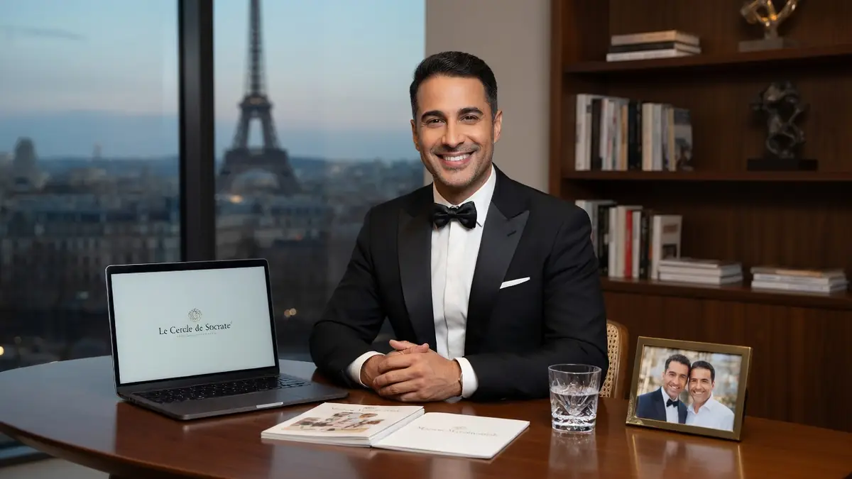 Yori Bailleres en costume élégant souriant devant une vue sur Paris avec un ordinateur et des livres sur son bureau