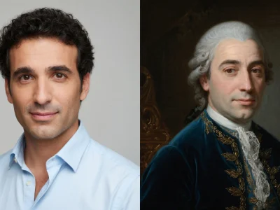 L'image juxtapose Jean-Baptiste Martin en chemise bleue et un portrait historique