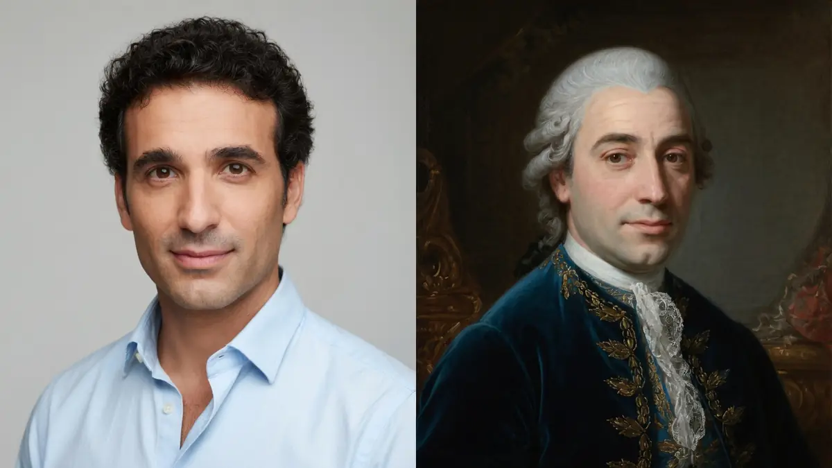 L'image juxtapose Jean-Baptiste Martin en chemise bleue et un portrait historique