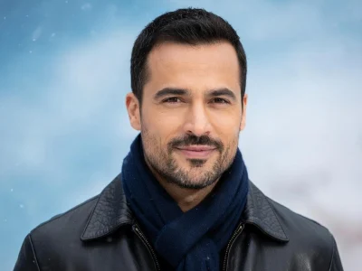 Damien Sargue est photographié en veste en cuir et écharpe bleue sur fond bleu scintillant
