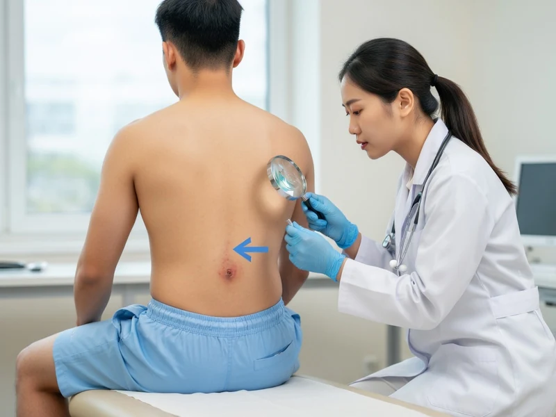 Une médecin examine le dos d'un homme à l'aide d'une loupe pour détecter des kystes pilonidaux