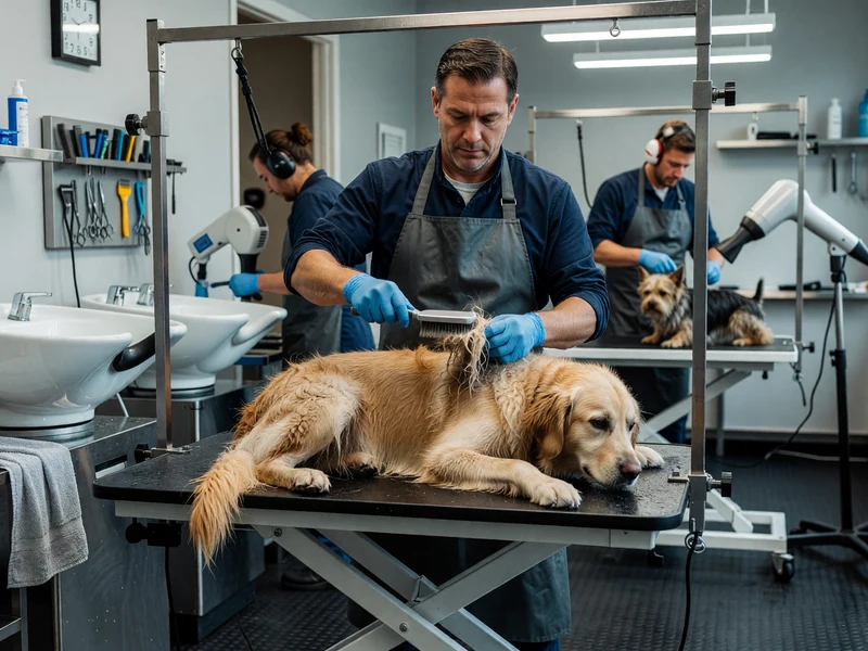 Un toiletteur chiens procède au toilettage d'un golden retriever sur la table