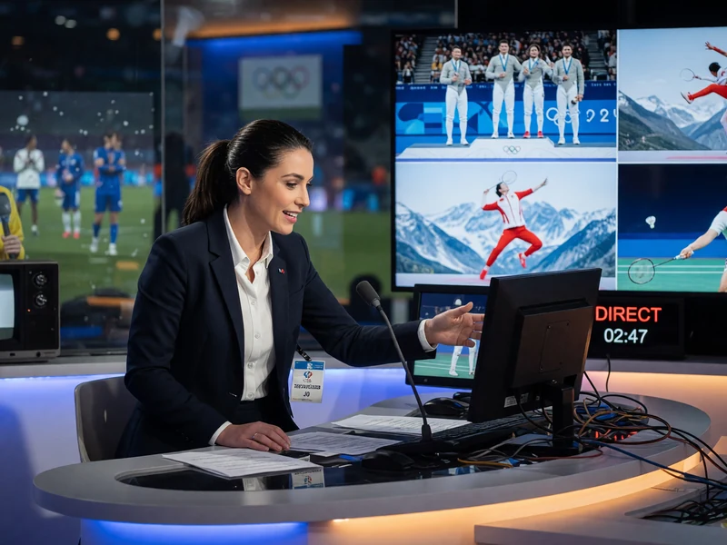 Claire Vocquier Ficot est assise à un bureau de studio télévisé avec des écrans sportifs en arrière-plan