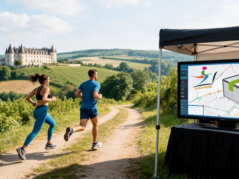 Des coureurs s'élancent sur un chemin rural à côté d'un écran LogiCourse
