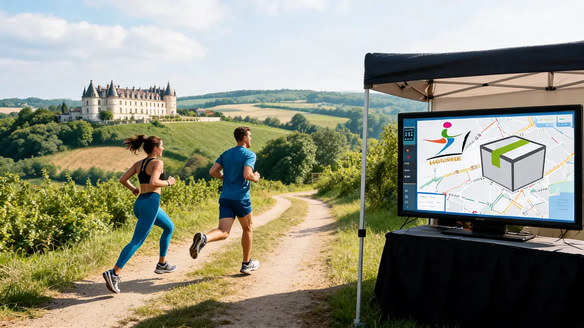 Des coureurs s'élancent sur un chemin rural à côté d'un écran LogiCourse