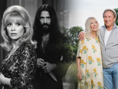 Montage avec Dany Saval jeune à gauche, une silhouette sombre et le couple âgé à droite